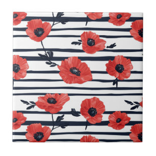 Carreau Poppies rouges avec Feuilles bleus et Motif rayé 3