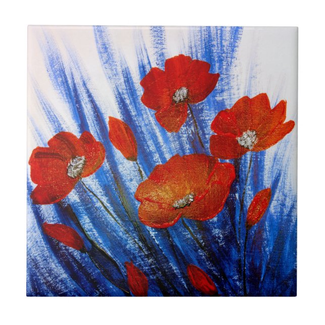 Carreau Poppies rouges dans l'herbe bleue (Devant)