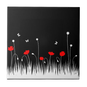 Carreau Poppies rouges minimalistes Noir et Blanc Meadow B