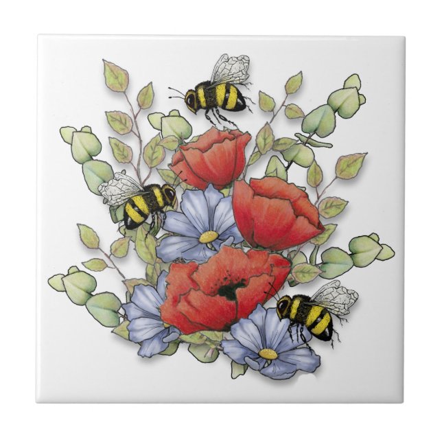Carreau Poppy Flowers and Bees Digital Drawing, Botanical  (Devant)