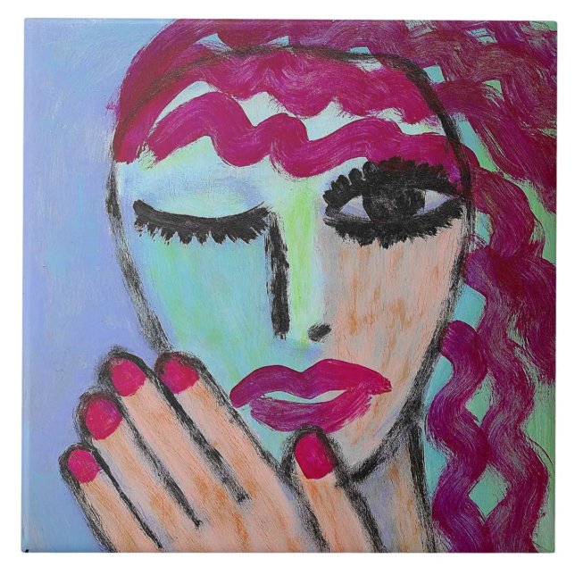 Carreau Portrait abstrait cheveux roux ongles rouges (Devant)