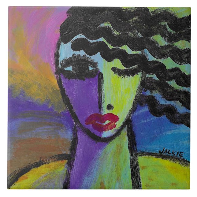 Carreau Portrait abstrait coloré de femme (Devant)