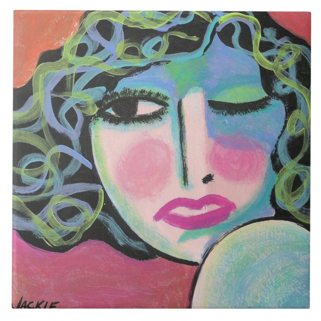 Carreau Portrait abstrait de femme aux boucles (Devant)