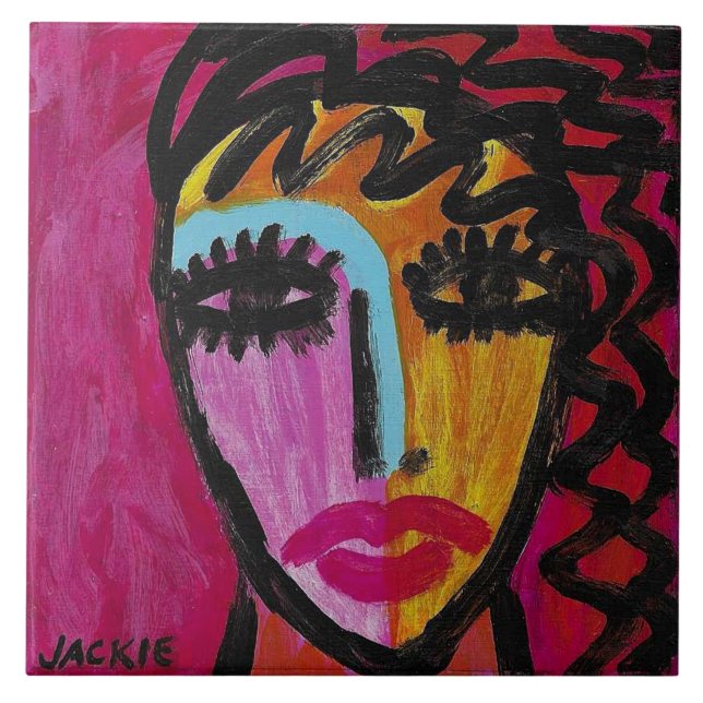 Carreau Portrait abstrait de femme sur fond rouge (Devant)