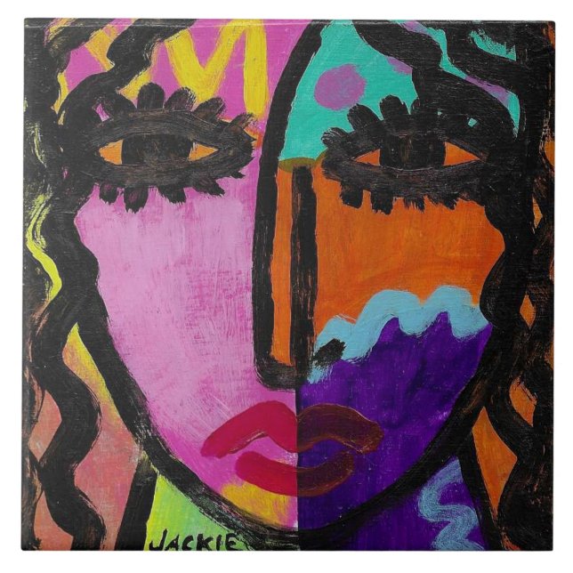 Carreau Portrait abstrait funky d'une femme (Devant)