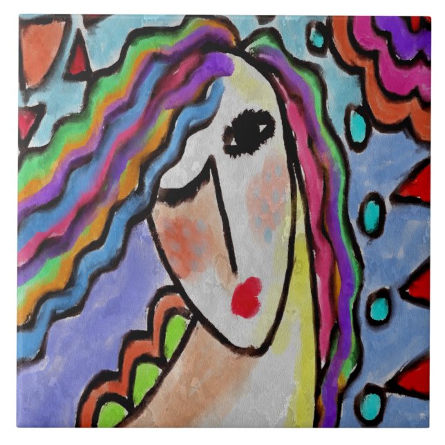 Carreau Portrait abstrait funky d'une femme (Devant)