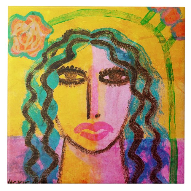 Carreau Portrait Abstrait funky d'une femme (Devant)