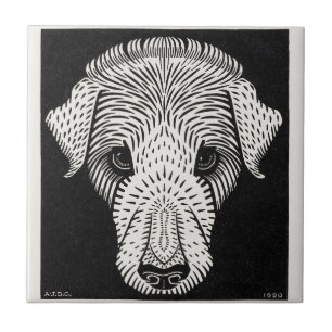 Carreau Portrait de chien en gravure sur bois Art Nouveau