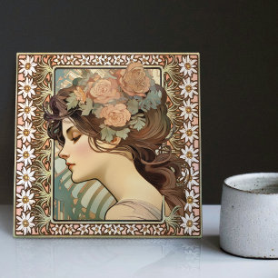 Carreau Portrait de femme Art Nouveau Mucha Fleur Edelweis