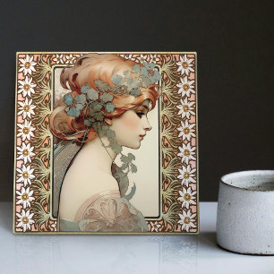 Carreau Portrait de femme Art Nouveau Mucha Fleur Edelweis