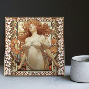 Carreau Portrait de femme Art Nouveau Mucha Fleur Edelweis