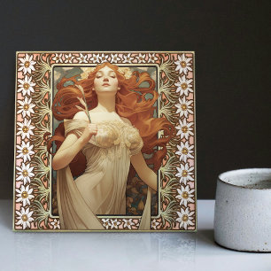 Carreau Portrait de femme Art Nouveau Mucha Fleur Edelweis