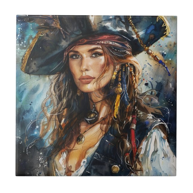 Carreau Portrait de femme pirate à l'aquarelle (Devant)