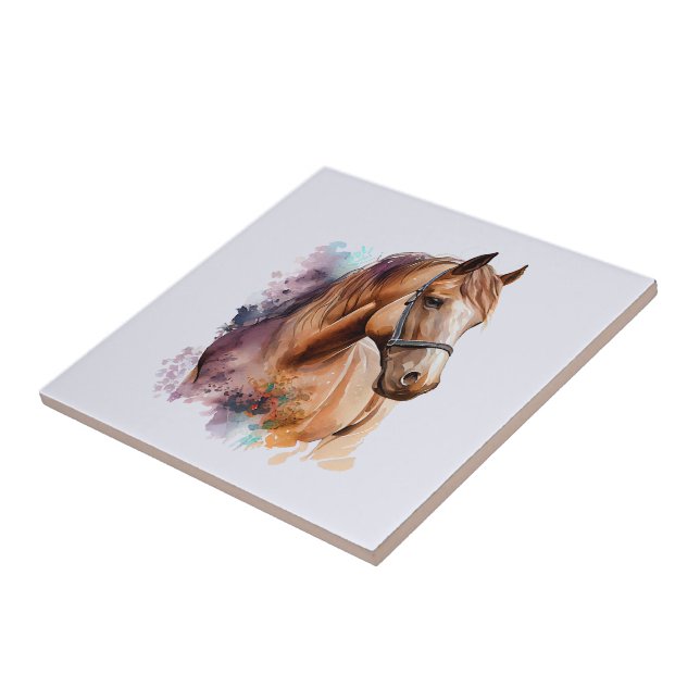 Carreau Portrait de tête de cheval brun à l'aquarelle (Côté)