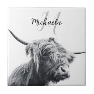 Carreau Portrait de vache Highland premier monogramme noir