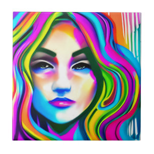 Carreau Portrait Rétro d'une Femme aux Cheveux Arc-en-Ciel