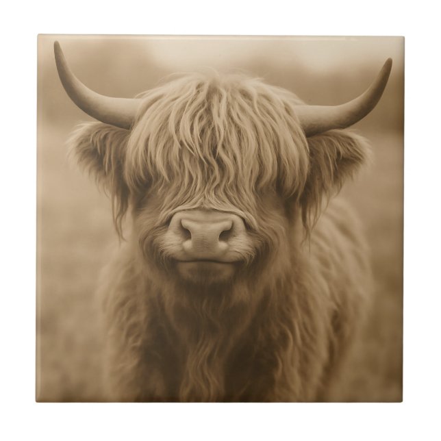 Carreau Portrait sépia de vache des Highlands (Devant)