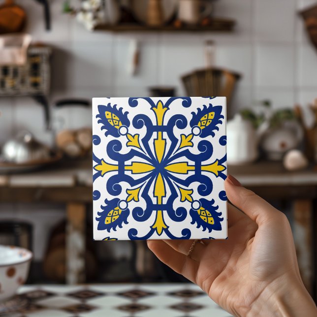 Carreau Portugais Azulejo Classique Décoratif Bleu Jaune (Portuguese Azulejo Classic Decorative Blue Yellow Ceramic Tile)