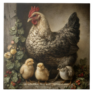 Carreau Poule rustique avec poussins
