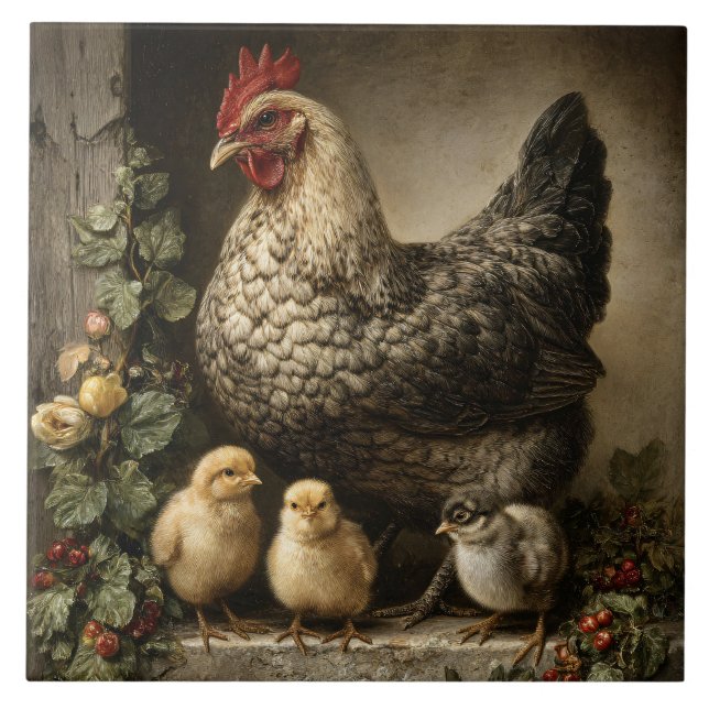 Carreau Poule rustique avec poussins (Devant)