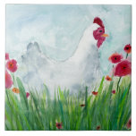 Carreau Poulet floral<br><div class="desc">A print of a whimsical watercolor painting from artist D. Carrasco featuring a hen in a field of red poppies.</div>