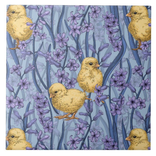Carreau Poulets et hyacinthes bleu ciel (Devant)
