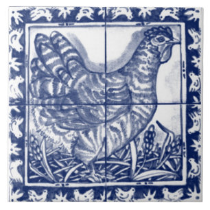 Carreau Poulets Hen Rustique Bleu Blanc Delft Dedham Vinta