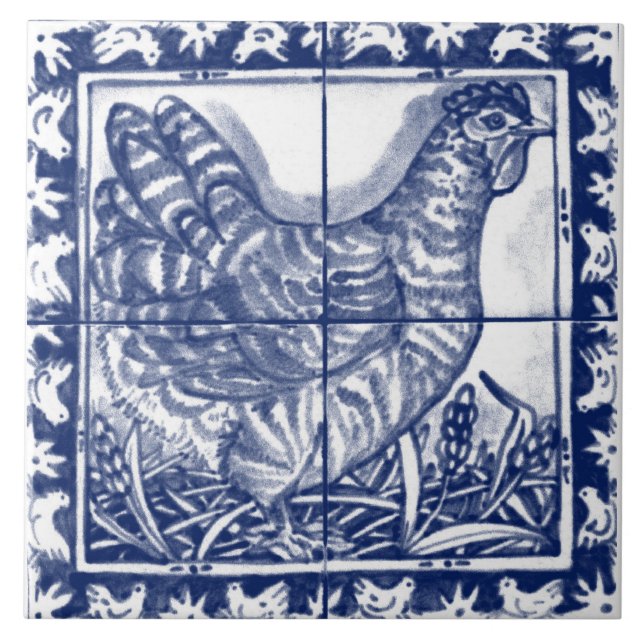 Carreau Poulets Hen Rustique Bleu Blanc Delft Dedham Vinta (Devant)