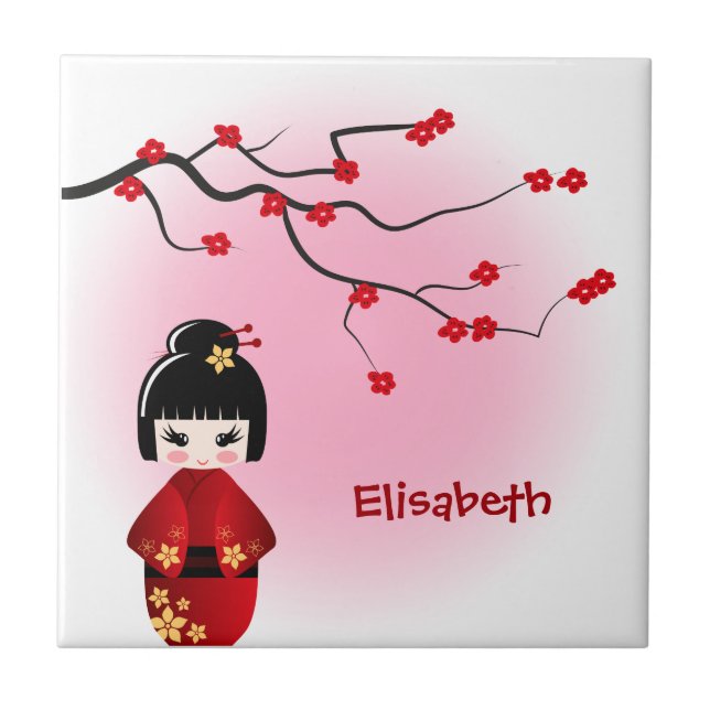 Carreau Poupée kokeshi japonaise aux fleurs de sakura (Devant)