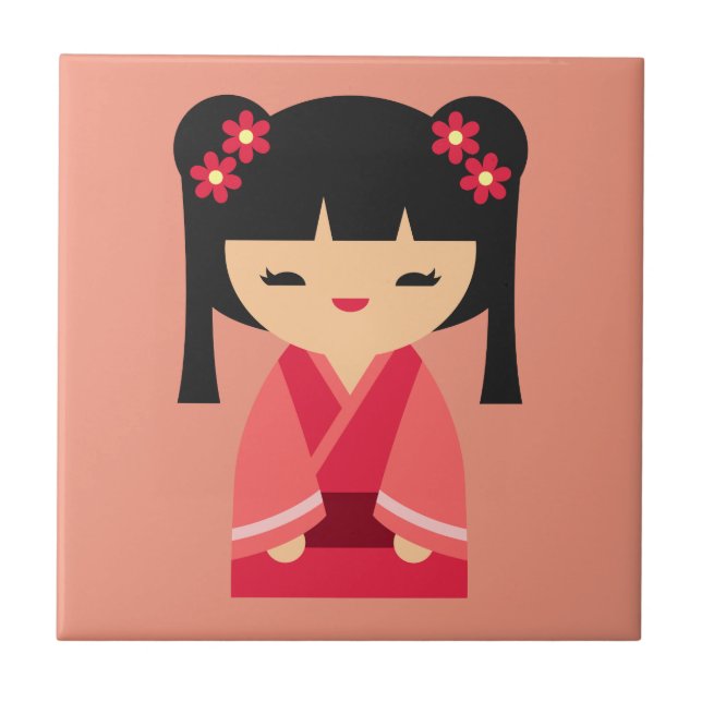 Carreau Poupées japonaises de Kokeshi rose (Devant)