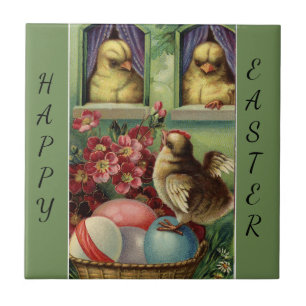 Carreau Poussins vintages et oeufs colorés de Pâques