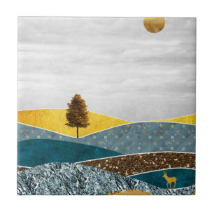 Carreau Prairie dorée avec arbre et cerf