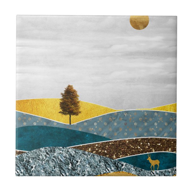 Carreau Prairie dorée avec arbre et cerf (Devant)