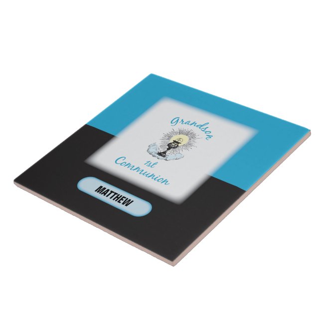 Carreau Première communion de petit-fils, tasse bleue (Côté)