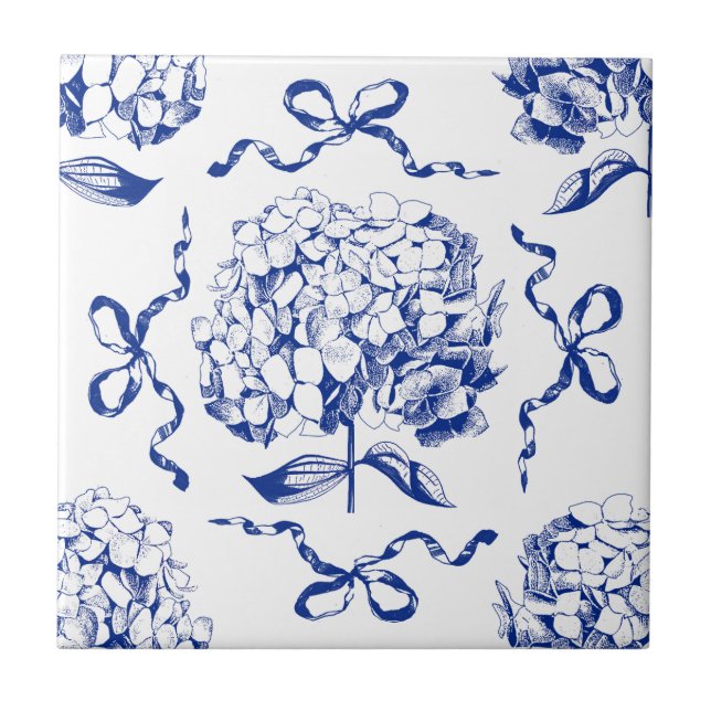 Carreau Preppy Blue Toile Hydrangea Bow Motif sans couture (Devant)