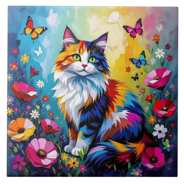 Carreau Pretty Colorful Impasto Cat and Flowers (Devant)