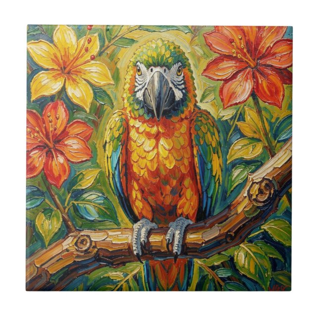 Carreau Pretty Colorful Impasto Parrot and Tropical Flower (Devant)