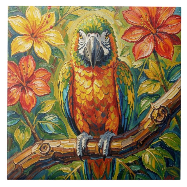 Carreau Pretty Colorful Impasto Parrot and Tropical Flower (Devant)