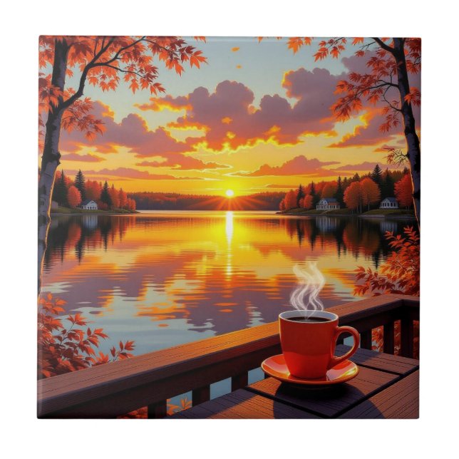 Carreau Pretty Lake Side View of a Sunrise and Warm Coffee (Devant)