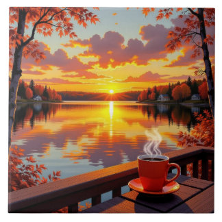 Carreau Pretty Lake Side View of a Sunrise and Warm Coffee
