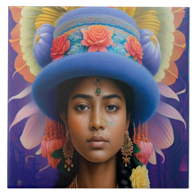 Carreau princesse asiatique avec grand casquette bleu (Devant)