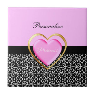 Carreau Princesse noire rose Girly Giraffe Print et nom