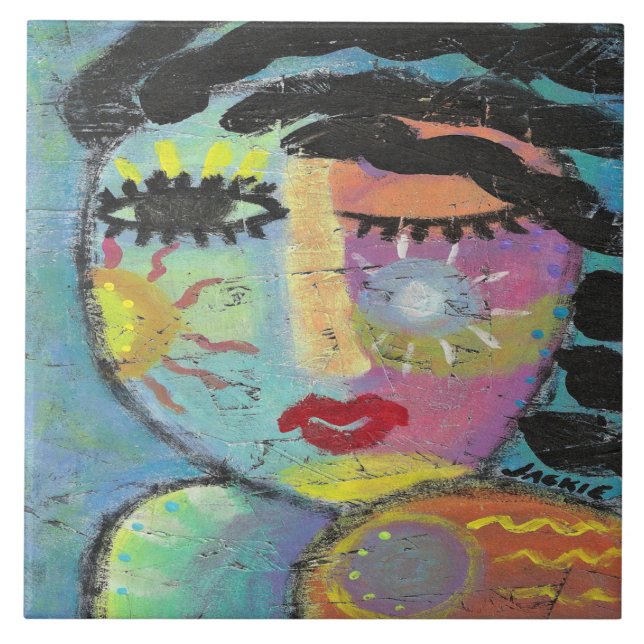 Carreau Profitez du portrait abstrait de femme au soleil (Devant)