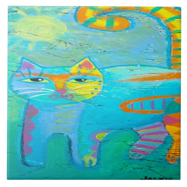 Carreau Psychedelic Kitty Abstraite peinture de chats (Devant)