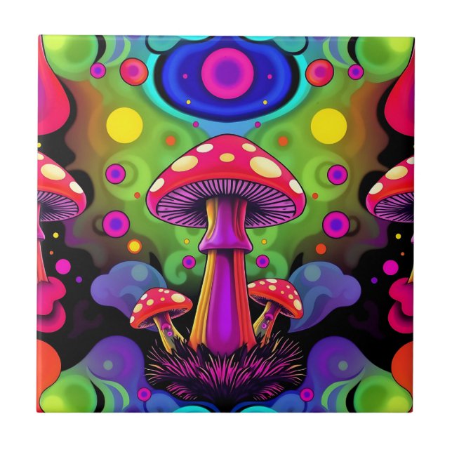 Carreau Psychedelic Vibrant Colorful Retro Mushrooms (Devant)