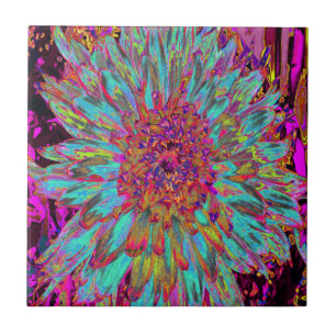 Carreau Psychédélique Turquoise Bleu Abstrait Dahlia décor