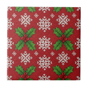 Carreau Pull rouge de Noël en tricot à motif de houx