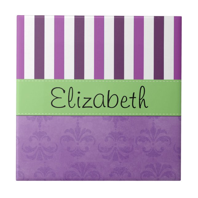 Carreau Purple Damask, Purple Stripes, Stripe, Votre Nom (Devant)