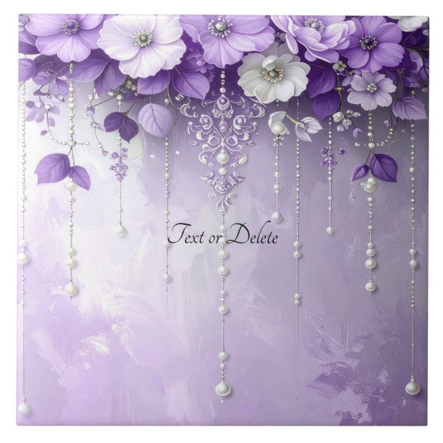 Carreau Purple Flowers with Dangling Pearls Ceramic Tile (Devant)