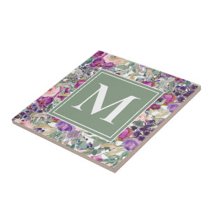 Carreau Purple Rose Sauge Vert Fleurs Boho Monogramme